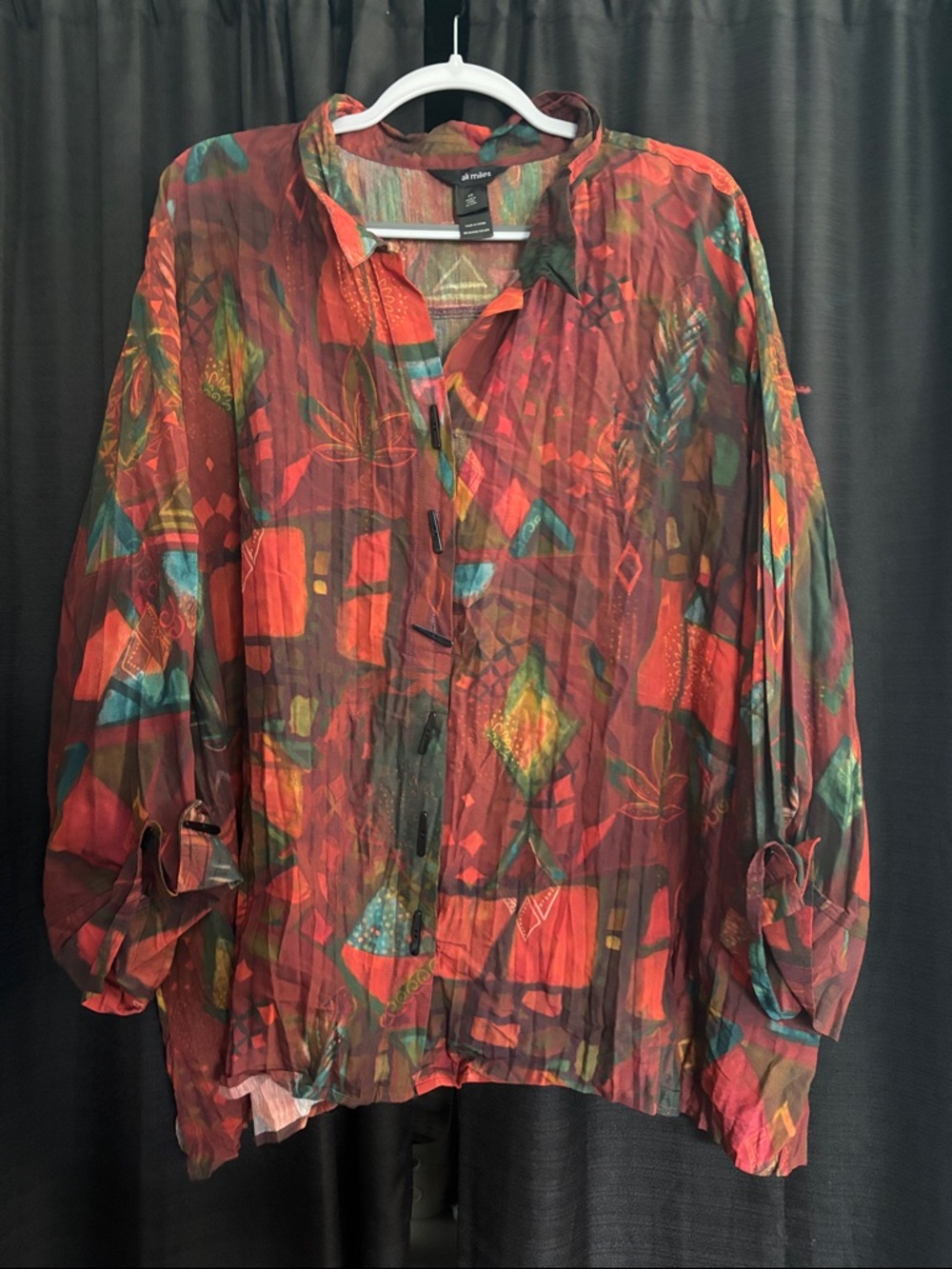 Ali Miles Multicolor Abstract Button-Front Top in Red and Teal